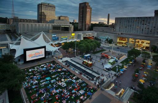 Movie Screen and viewers on Crown Center Square