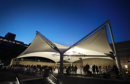 Crown Center Ice Terrace Tent with skaters at dawn