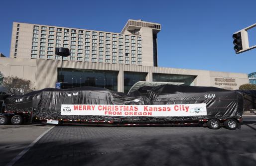 Mayor's Christmas Tree on Trailer in front of CC Shops & Westin Hotel