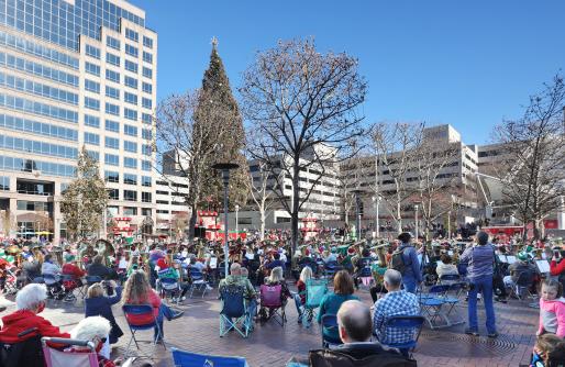 Tuba platers and audience on Crown Center Square