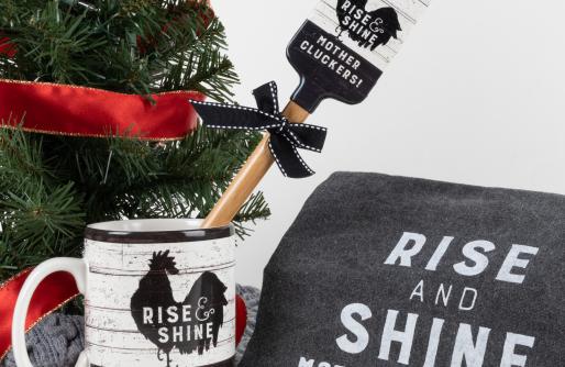 Mug, Spatula and Towel with Rise and Shine Mother Clucker Wording