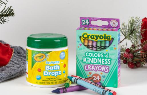 Container of Shaker Bath Drops and Box of Colors of Kindness Crayons