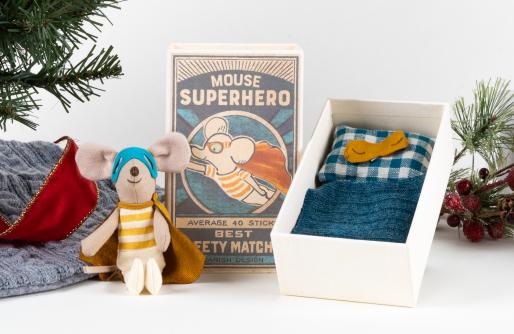 Mouse in superhero gear with box that is nest