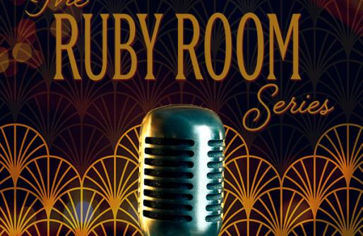 Microphone in front of Ruby Room Series Logo