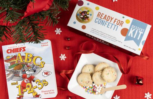 KC Chiefs ABCs and 1-2-3s book plus Ready for Confetti Dessert Kit Box and Blate with cookies