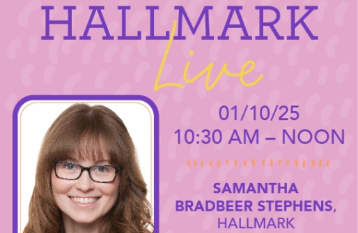 Photo of Samantha Stephens on white background in pink event description of Hallmark Live from 10:30am to Noon, January 10