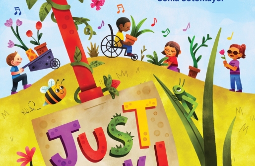 Gardening Scenes: Child with wheelbarrow holding plans, child in wheelchair with plant, girl planting, girl holding flower, blue sky background with yellow hill
