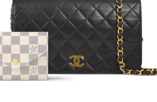 Black Chanel Handbag with Gold Chain and Small Louis Vuitton Blue and White Patterned Card Holder