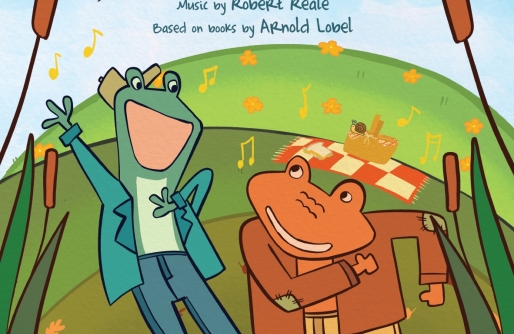 Blue Background to green swamp with Green Frog and Brown Toad in clothes dancing between tall cattails