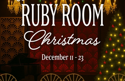 stage curtain with piano and two chairs