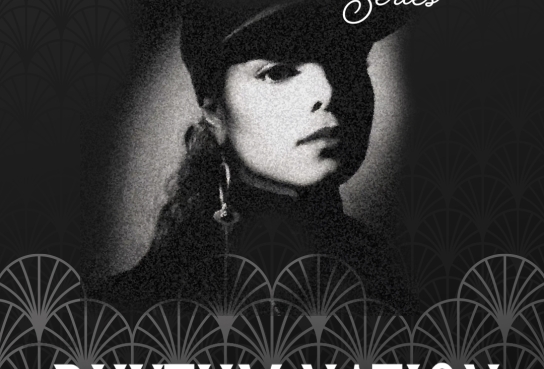 Image of woman in hat with hair pulled back, long earring, fan overlay