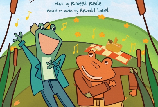 Blue Background to green swamp with Green Frog and Brown Toad in clothes dancing between tall cattails