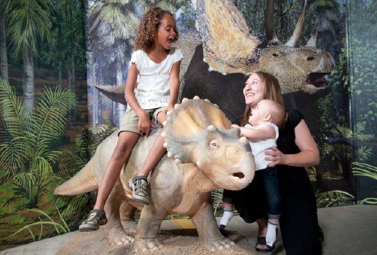 kids, mom and dinosaur