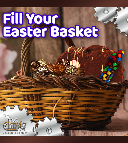 Easter basket full of chocolate items. 