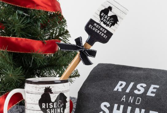 Mug, Spatula and Tea Towel with Rise and Shine Mother Cluckers