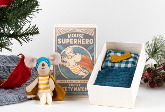 Mouse in superhero costumer with box that is nest
