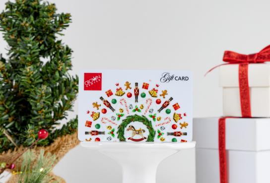 Evergreen Tree, Christmas Design Gift Card and Boxes with Red Ribbon