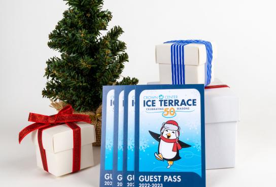 Ice Terraces Passes in front of miniature tree and gift boxes