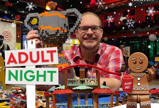Man Building Lego brick stuructures with Gingerbread Man