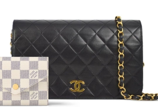 Black Chanel Handbag with Gold Chain and Small Louis Vuitton Blue and White Patterned Card Holder