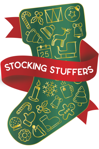 Green Stocking with Gold Christmas Icons wrapped in a red banner