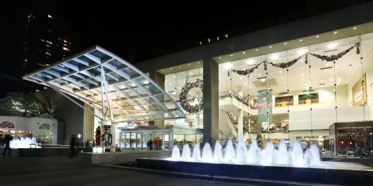 Front of Crown Center Shops with Wreath and Holiday Decor