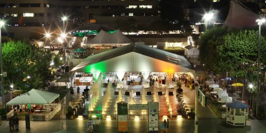 Tent with green, white, orange lighting in front of fountain